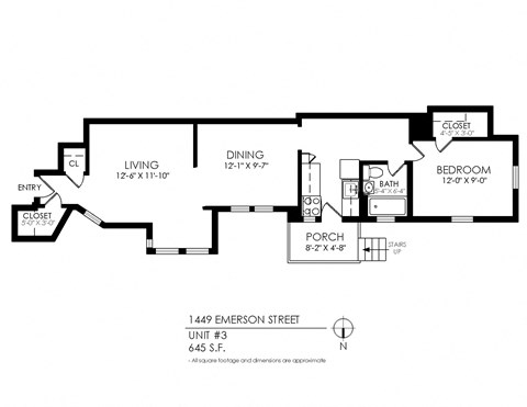 Floor plan for 1 bed, 1 bath, 645 sqft